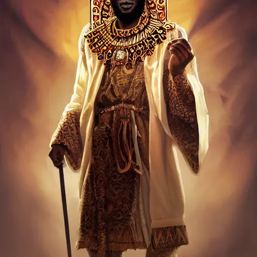 Prompt: an african king wearing a robe made from a lion pelt and a gleaming crown of light, kemetic, D&D, fantasy, intricate, elegant, highly detailed, digital painting, artstation, concept art, matte, sharp focus, illustration, art by Artgerm and Greg Rutkowski and Alphonse Mucha