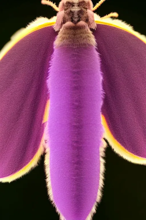 Prompt: high quality close-up photo translucent furry moth! jeweled gorgeous! highly detailed david ligare elson peter cinematic purple neon lighting high quality low angle hd 8k sharp shallow depth of field