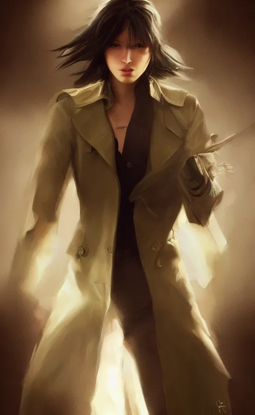 Image similar to upper body portrait of a girl from final fantasy live action, with short black hair and green eyes in a tan trenchcoat over a white shirt, award winning, masterpiece digital painting by greg rutkowski, alex grey, artstation, 4 k wallpaper,