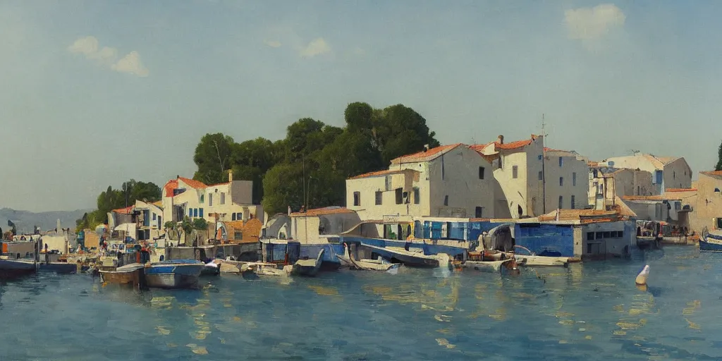 Image similar to a beautiful extremely complex painting of a mediterranean fishing village in summer by peter ilsted, whitewashed housed, tall cypress trees, blue shutters on windows, people walking down a street, fishing boats in the water, beautiful blue water, trending and featured on artstation and behance