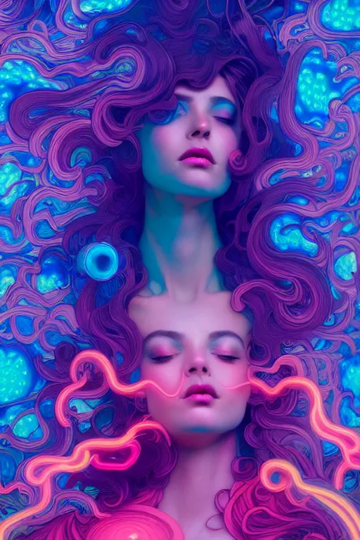 Image similar to a gorgeous woman surrounded by colorful liquid clouds and neon smoke, extremely detailed, psychedelic experience, psilocybin, dmt, lsd, face, highly detailed, artstation, chromostereopsis, digital art by hana yata, and artem demura and beeple, alphonse mucha, octane render, unreal engine, 8 k