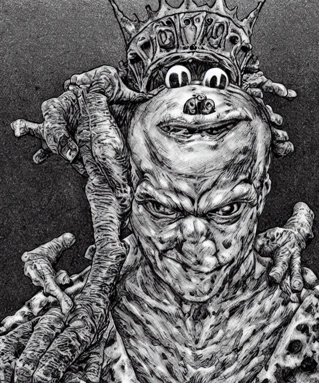 Prompt: frog boy farmer finds the clown crown in the dirt, clown crown, moment of destiny, artwork by Kentaro Miura