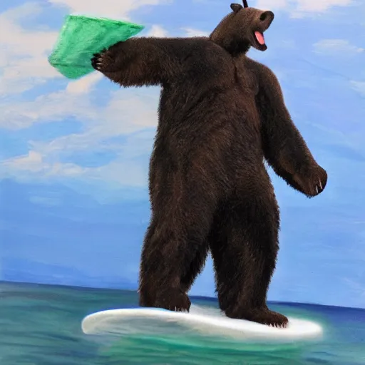 Prompt: hyperrealist bear surfing