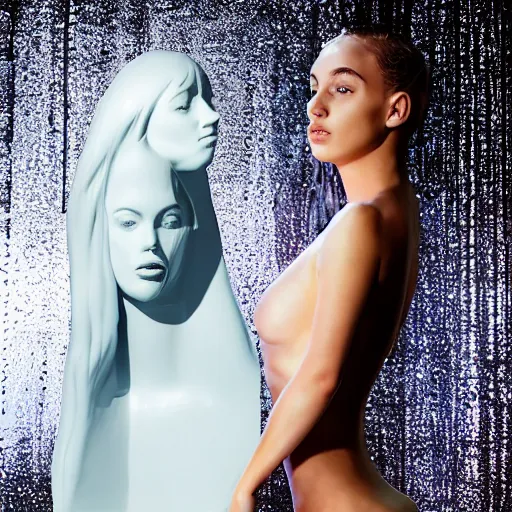 Prompt: flume and former cover art future bassgirl unwrapped statue bust petite lush body pleasure justice photography model water droplets futuristic material workout top
