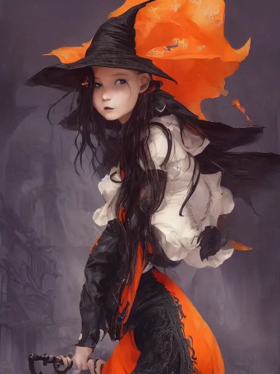 Image similar to Full shot of a cute mischievous young witch about to get up to some trouble. Latin American fashion. Black and Orange palette. Latina girl. From Encanto. By Ruan Jia and Artgerm and Range Murata and WLOP and CLAMP and Loish. Key Art. Fantasy Illustration. award winning, Artstation, intricate details, realistic, Hyperdetailed, 8k resolution.