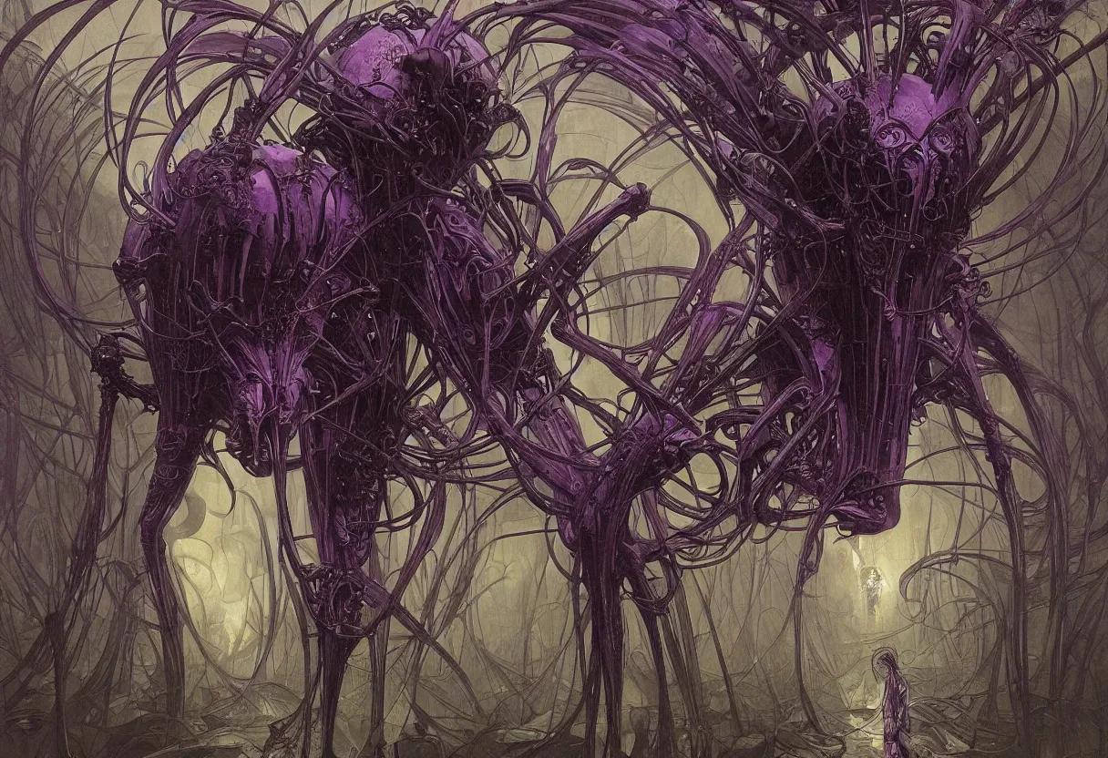 Image similar to an enormous purple and black symmetrical insectoid being with many compound eyes descending on earth, by daniel - by greg rutkowski and raymond swanland hr giger and zdzislaw beksinski and alphonse mucha and moebius, matte painting, hyperdetailed, symmetry, art nouveau, beautiful render, concept art