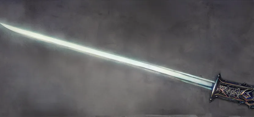 Image similar to legendary cybernetic sword lying flat on a glowing table with a long sharp black and iridescent sword blade, digital award winning hd matte painting, intimate dark moody, intricate, ornate spikes, colorful hilt, detailed realistic, raytraced blade, colored gems, future golden technological pommel, in the style of greg rutkowski and krenz cushart, deviantart
