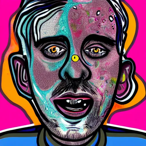 Image similar to man with a tab of acid on his tounge, digital art by mad dog jones