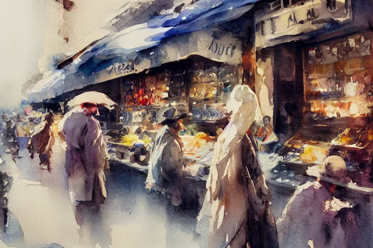 Image similar to small centered on watercolor paper, paint brush strokes, abstract watercolor painting of ancient velvet market, fabrics and cloth, cinematic light, national romanticism by hans dahl, by jesper ejsing, by anders zorn, by greg rutkowski, by greg manchess, by tyler edlin