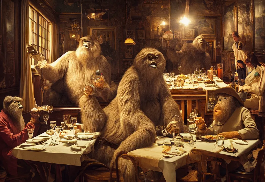 Image similar to accidentally wes anderson award - winning photograph of yeti and bigfoot eating lung in paris restaurant, accidental renaissance, golden ratio, fibonacci composition, 4 k, detailed, art by greg rutkowsky, trending on artstation, cinematic lighting, filmic grain, golden hour, detailed, 4 k