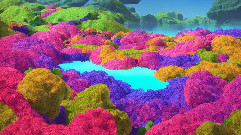 Prompt: digital illustration of a lake full of giant multi - colored petunia flowers by dr. seuss, reimagined by ilm and beeple : 1 | megaflora, spectral color, electric color, rolling hills : 0. 9 | fantasy : 0. 9 | unreal engine, deviantart, artstation, hd, 8 k resolution : 0. 8