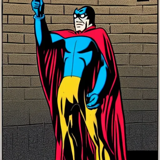 Prompt: Nite-Owl from Watchmen standing in an alleyway with his arms crossed and his cape blowing in the wind, in the style of Bruce Timm, Cartoon Style
