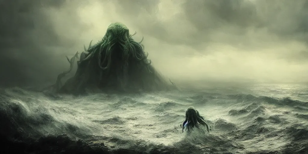 Image similar to cthulhu rising out of the ocean, hyper realistic oil painting, dark, moody cinematic lighting, creepy, fog, storm clouds, by greg rutkowski, trending on artstation