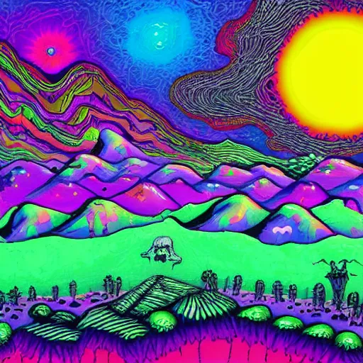 Prompt: psychedelic landscape full of ghosts and skeletons colourful fluffy textures