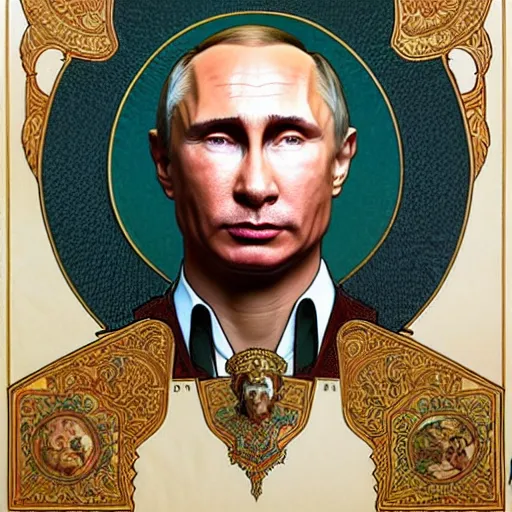 Prompt: a portrait of ( male ) putin, upper half portrait, decorated with russian motifs, traditional russia, intricate, elegant, highly detailed, symmetry, headpiece, digital painting, artstation concept art smooth sharp focus, illustration, art by artgerm and greg rutkowski alphonse mucha 8 k