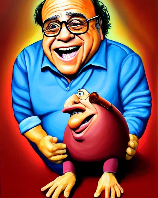 Image similar to painting portrait of danny devito as a rum ham, cartoon, warm lighting, danny devito has a rum ham body, danny devito's face on a rum ham. movie poster, trending on art station