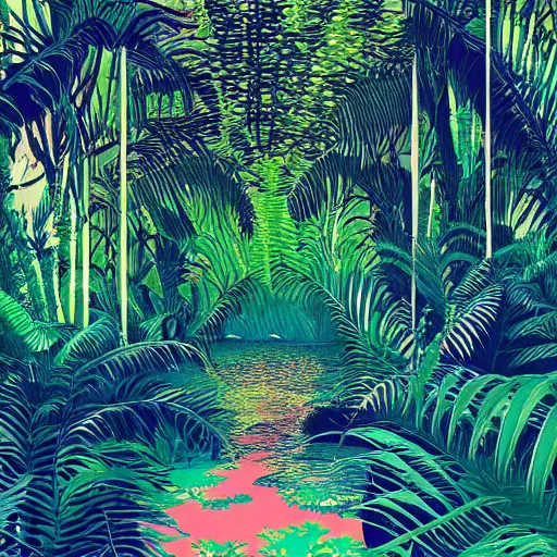 Image similar to vaporwave jungle on nebula beach