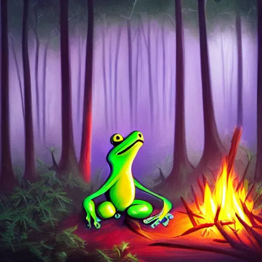 Prompt: frog sitting in forest, magical light, dramatic light, dark, forest, shooting star, marshmallow, stick, barbecue, wooden logs, bonfire, tents, trees, plants, colorful, trending on artstation, disney, cartoon, illustration - n 9