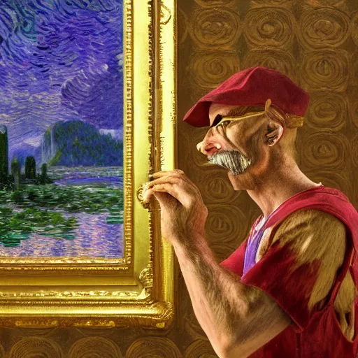 Prompt: waluigi from nintendo games, studio lighting, golden ratio, details, masterpiece, fine art, intricate, decadent, ornate, highly detailed, digital painting, octane render, ray tracing reflections, 8 k, featured, by claude monet and vincent van gogh