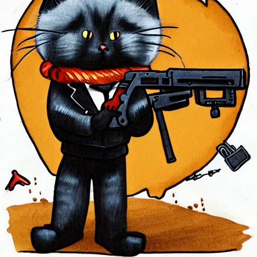 Prompt: fluffy anthropomorphic cat with lots of guns