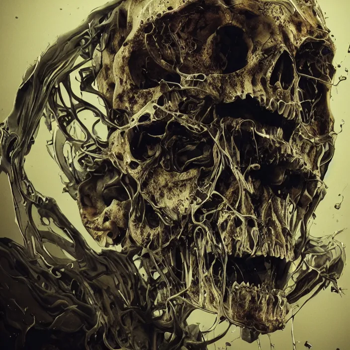 Image similar to portrait of a melting human skull. intricate abstract. sharp teeth. delicate artwork. infected by zombie fungus. by Tooth Wu, wlop, beeple, dan mumford. octane render, trending on artstation, greg rutkowski very coherent symmetrical artwork. cinematic, hyper realism, high detail, octane render, 8k, depth of field, bokeh. chrome accents.