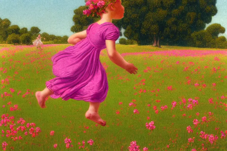 Image similar to a staffordshire terrier in a pink baby dress running through a field of flowers, in the style of maxfield parrish