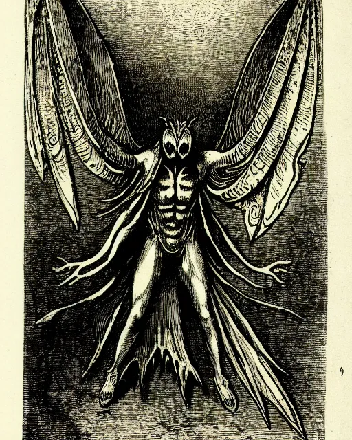 Prompt: illustration of mothman as a demon lord from the dictionarre infernal, etching by louis le breton, 1 8 6 9, 1 2 0 0 dpi scan