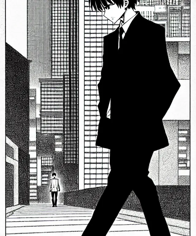 Prompt: A manga cover about a short-haired office solo worker standing on the sidewalk. Sharp high quality manga cover, fine details, straight lines, perfect faces, architecture in the background, masterpiece, shading, shadows, art, highly detailed drawing by Hirohiko Araki, Akatsuki Akira, Kentaro Miura