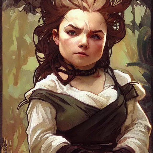 Image similar to a little cute angry dwarf. beautiful painting by artgerm and greg rutkowski and alphonse mucha