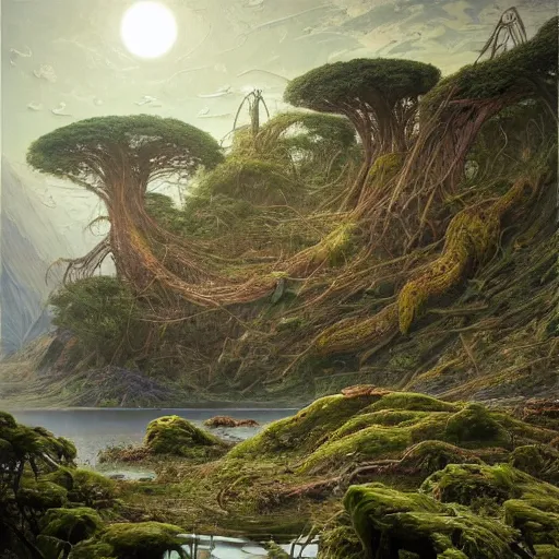 Prompt: a beautiful landscape on an alien planet with giant roots, and massive vegetation giant buff and trash in the lake by peter gric, greg rutkowski, joe jusko, wassily kandinsky, didier barra trending on artstation and sf art