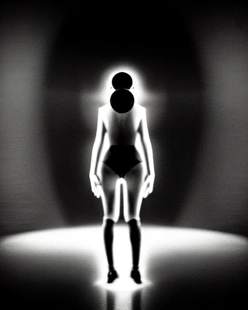 Image similar to black and white high quality photo of a beautiful futuristic dancing female human-AI-queen-insect-looking into a sci-fi mirror:: volumetric lighting, liminal space, brutalism, foggy, dreamy, hyperdetailed, bokeh, photorealistic, cinematic, masterpiece, Metropolis, elegant, dark, octane render, 8K, by Man Ray in the style of Dora Maar