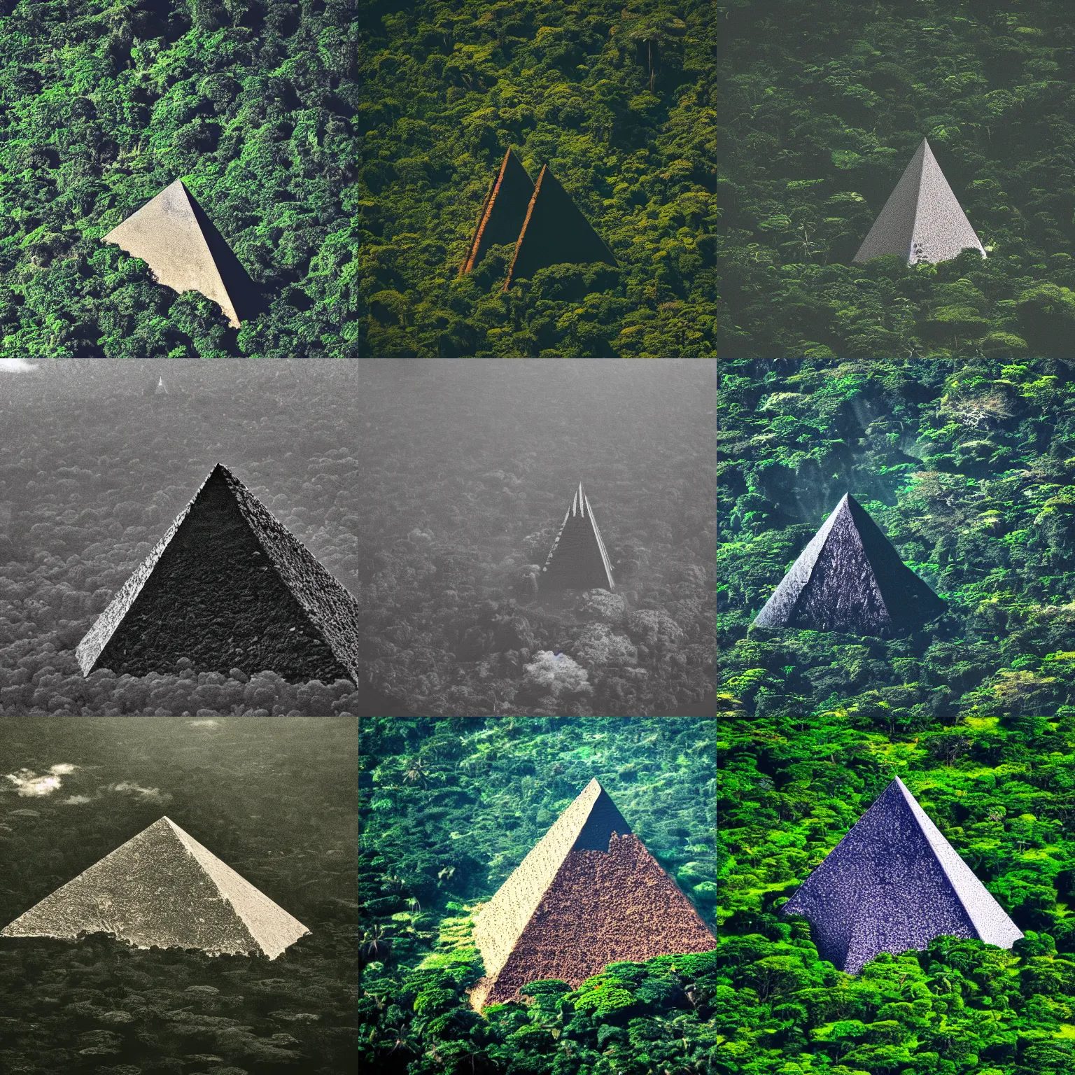 Prompt: Black pyramid in a jungle, photo taken from an airplane