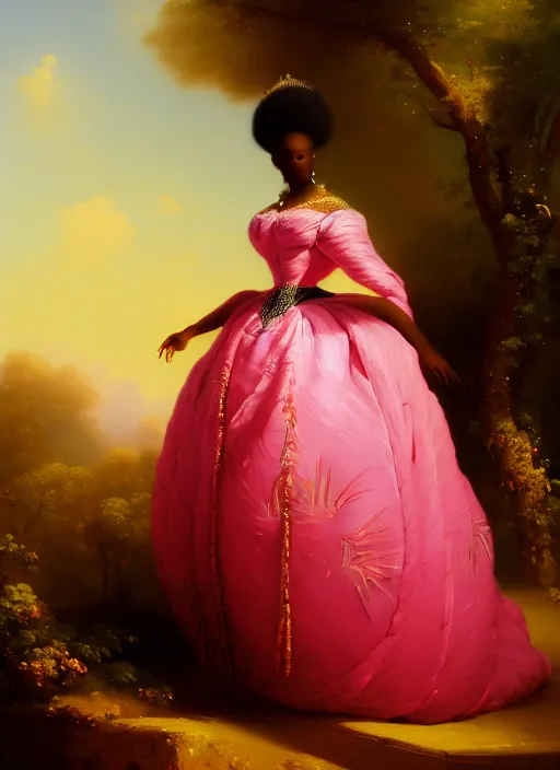 Image similar to stunning african princess, detailed pink and white protea inspired gown against a black backdrop by ivan aivazovsky, wlop, oil painting, beautiful soft lighting, vintage, rococo, muted colours, artstation