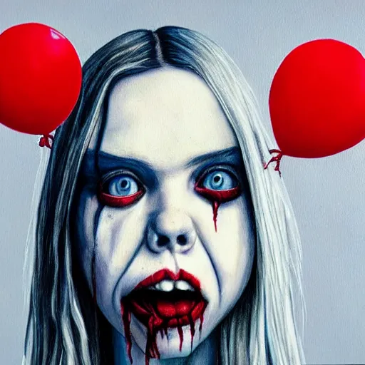 Prompt: grunge painting of billie eilish split down the middle with a wide smile and a red balloon by chris leib, loony toons style, pennywise style, corpse bride style, horror theme, detailed, elegant, intricate