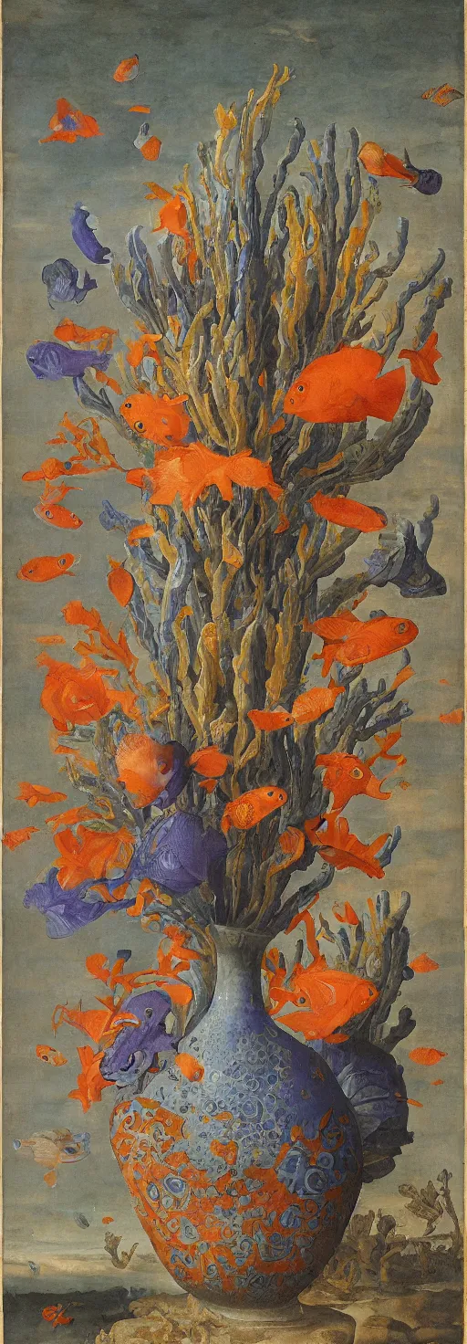Prompt: bottle vase of coral under the sea decorated with a dense field of stylized scrolls that have opaque outlines enclosing mottled blue washes, with orange shells and purple fishes, Ambrosius Bosschaert the Elder, oil on canvas, hyperrealism, around the edges there are no objects