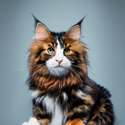 Prompt: very cute huge calico main coon in office, portrait, pixar style, cinematic lighting, award winning creature portrait photography