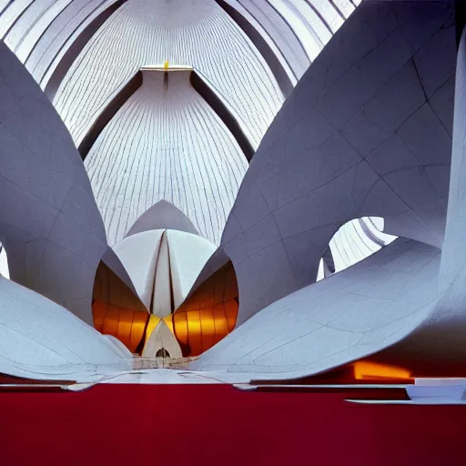 Image similar to interior of a futuristic lotus temple with gold, red and white marble panels, in the desert, by buckminster fuller and syd mead, intricate contemporary architecture, photo journalism, photography, cinematic, national geographic photoshoot