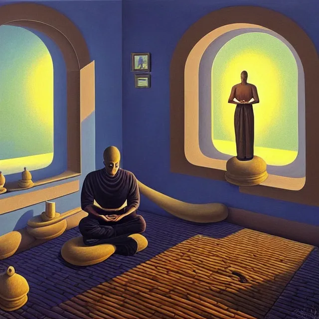 Image similar to an oil on canvas portrait of a man meditating and the sun is shining through the window, surrealism, surrealist, lovecraftian, cosmic horror, rob gonsalves, high detail