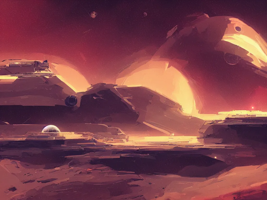 Image similar to a minimalist deep space space station floating next to a stormy desert planet by alena aenami speedart