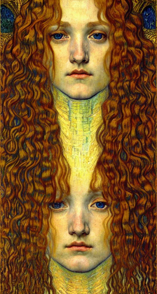 Image similar to detailed realistic beautiful young medieval queen face portrait by jean delville, gustav klimt and vincent van gogh, art nouveau, symbolist, visionary, gothic, pre - raphaelite, muted earthy colors, desaturated