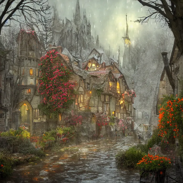 Prompt: medieval village, ornate, beautiful, atmosphere, vibe, mist, smoke, chimney, rain, well, wet, pristine, puddles, red and yellow flowers, icicles, melting, dripping, snow, creek, lush, ice, bridge, cart, orange, green, stained glass, forest, flowers, concept art illustration, color page, trending on artstation