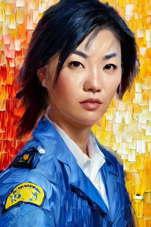 Prompt: palette knife oil painting portrait of a female asian police psychiatrist, extreme detail, artstation trending, artgerm, deviant art, octane, substance, art history 8 k