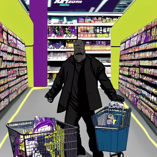 Image similar to thanos looking for his mom at walmart