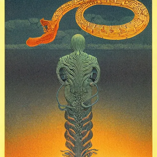 Prompt: hydra, highly detailed, artstation, in the style of moebius, jugendstil and classic japanese print, art by rene magritte and jean delville