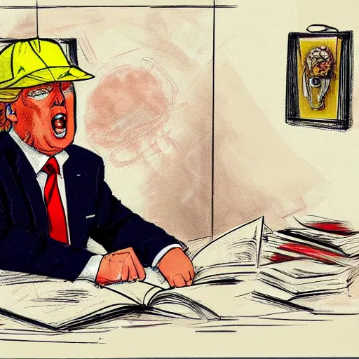 Prompt: donald trump sitting in his office wearing a fedora reading manga artstation