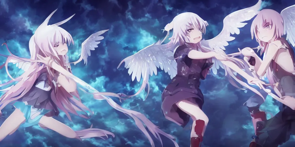 Prompt: a battle between an angel!!!!!!! anime girl and a demon made out of crystal!!!!!!!!, wide angle, cinematic lighting, highly detailed, official media, Sakimichan