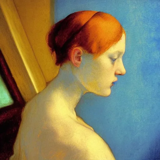 Prompt: close up of a girl in a blue and gold haunted liminal abandoned room, film still by edward hopper, by Pontormo, by klimt, art noveau, highly detailed, strong lights, liminal, eerie, Bright pastel colors