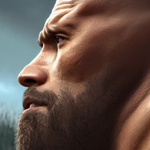 Image similar to close up of Dwayne Johnson, depth of field, 8k, 35mm film grain, unreal engine 5 render dramatic, intricate, elegant, highly detailed, digital painting, artstation, concept art, smooth, sharp focus, illustration, octane render, art by Leesha Hannigan, Ross Tran, Thierry Doizon, Kai Carpenter, Ignacio Fernández Ríos