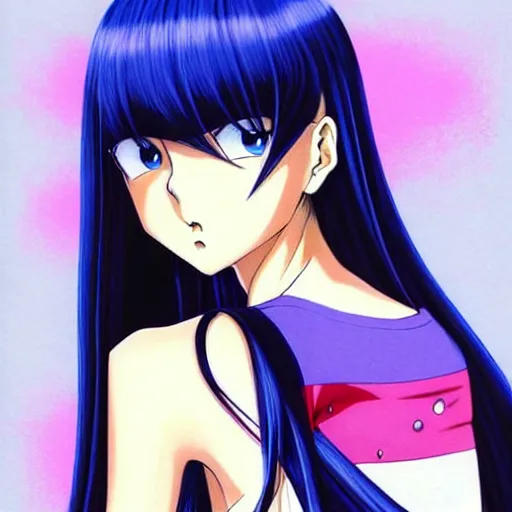 Image similar to attractive elegant sophisticated reservedyoung woman, slim figure, perfect silky straight hair, smooth tan skin, dark circles under bemused eyes, hip emo fashion, tshirt!!, shorts!!, illustrated for newtype magazine!! by akira toriyama!!!, pinterest, very interesting digital painting, beautiful portrait!!!