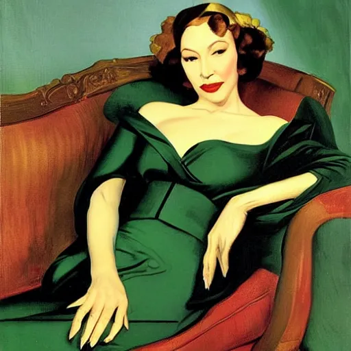 Image similar to portrait of write diva clarice lispector reclining on the sofa, green dress, by j. c. leyendecker, tamara de lempicka